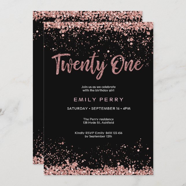 21st birthday rose gold glitter Invitation (Front/Back)