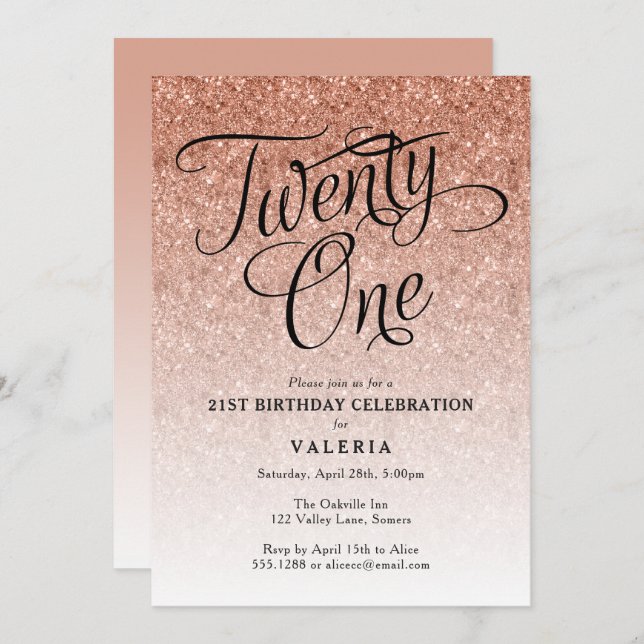 21ST Birthday  Rose Gold Glitter Invitation (Front/Back)