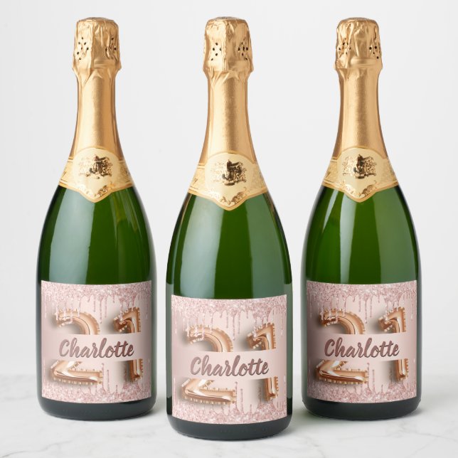 21st birthday rose gold glitter monogram luxury  sparkling wine label (Bottles)