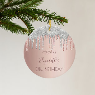 21st birthday rose gold glitter pink 21 silver ceramic ornament