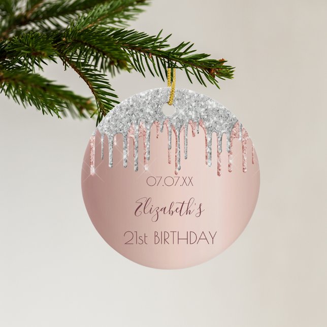 21st birthday rose gold glitter pink 21 silver ceramic ornament (Creator Uploaded)