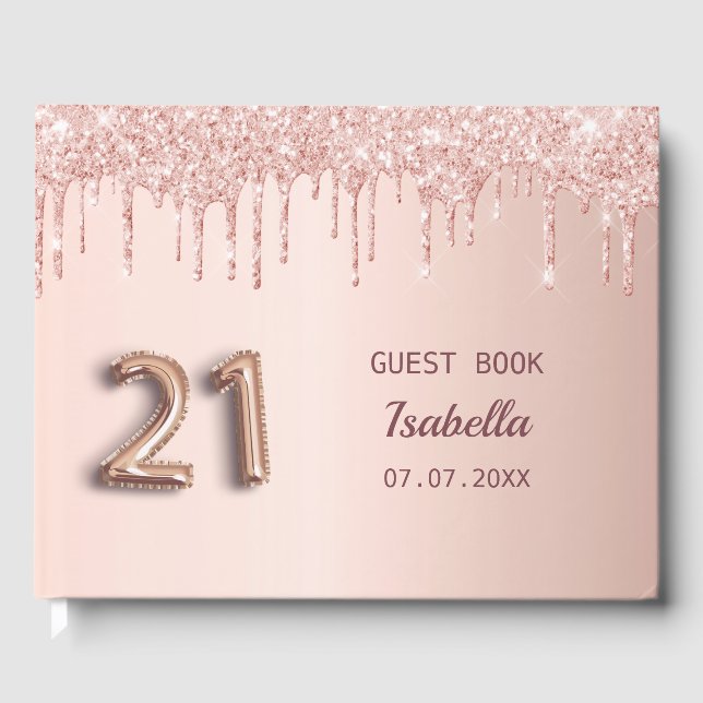 21st birthday rose gold glitter pink balloon font guest book (Front)