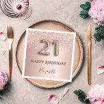 21st birthday rose gold glitter pink balloon style napkin<br><div class="desc">Elegant, classic, glamourous and girly for a 21st birthday party. Rose gold and blush pink, gradient background. Decorated with rose gold, pink faux glitter drips, paint dripping look. Personalise and add a name. With the text: Happy Birthday. The text is written with a modern dark rose coloured hand lettered style...</div>