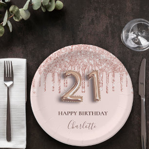 21st birthday rose gold glitter pink balloon style paper plate