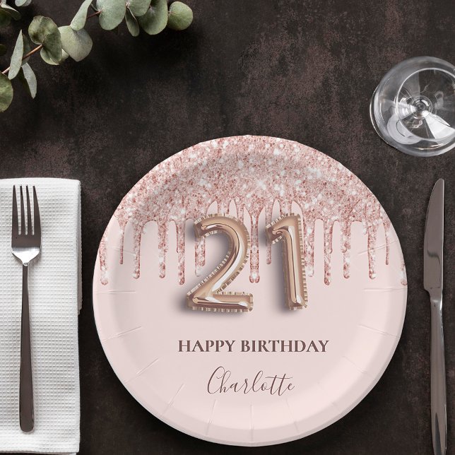 21st birthday rose gold glitter pink balloon style paper plate (Creator Uploaded)