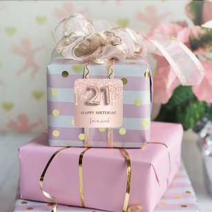 21st birthday rose gold glitter pink balloon style square sticker