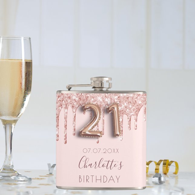 21st birthday rose gold glitter pink glam monogram hip flask (Creator Uploaded)