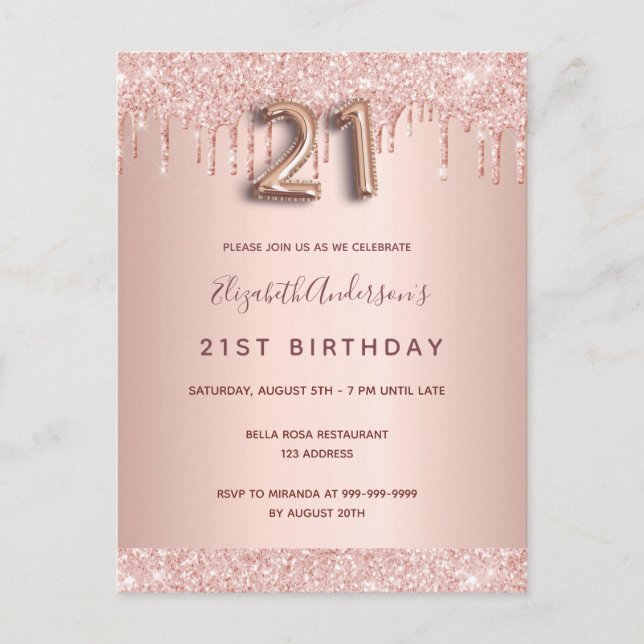 21st birthday rose gold glitter pink invitation postcard (Front)