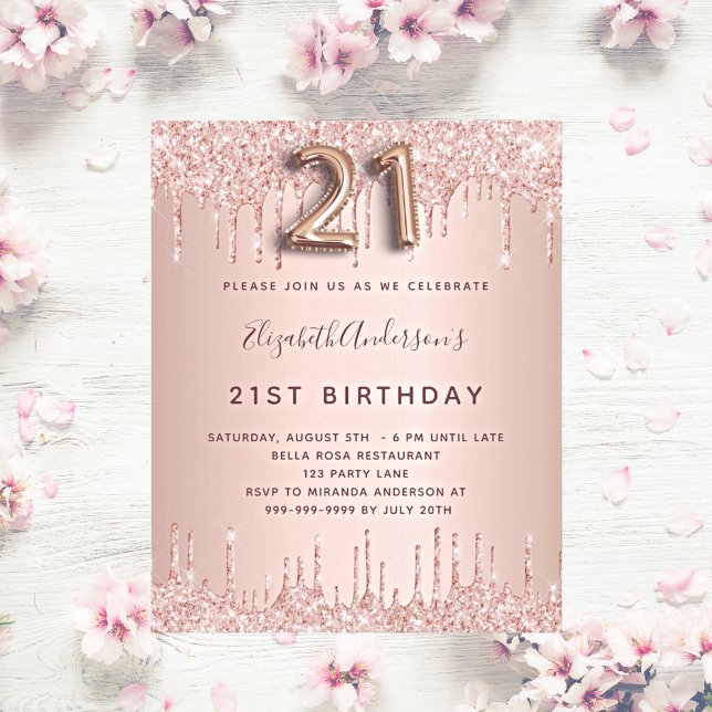21st Birthday rose gold glitter pink luxury Invitation Postcard (Creator Uploaded)