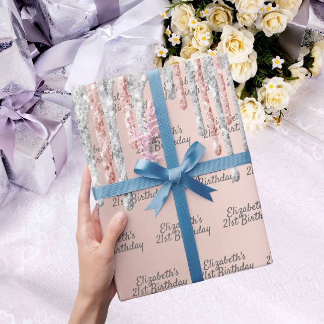 21st birthday rose gold glitter silver sparkle wrapping paper (Creator Uploaded)