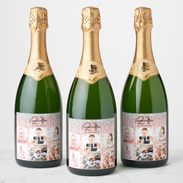 21st birthday rose gold legal glitter silver photo sparkling wine label (Bottles)