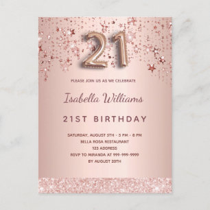 21st birthday rose gold pink balloon script stars postcard