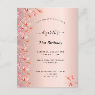 21st birthday rose gold pink floral invitation postcard