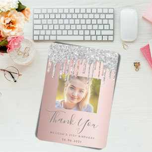 21st birthday rose gold pink silver glitter photo thank you card
