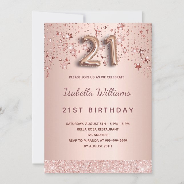 21st birthday rose gold pink stars balloon script invitation (Front)