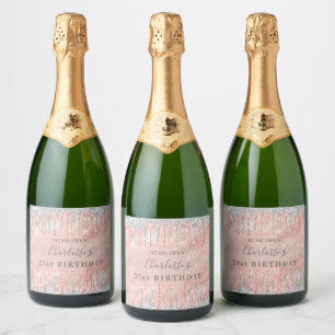 21st birthday rose gold silver drips sparkling wine label