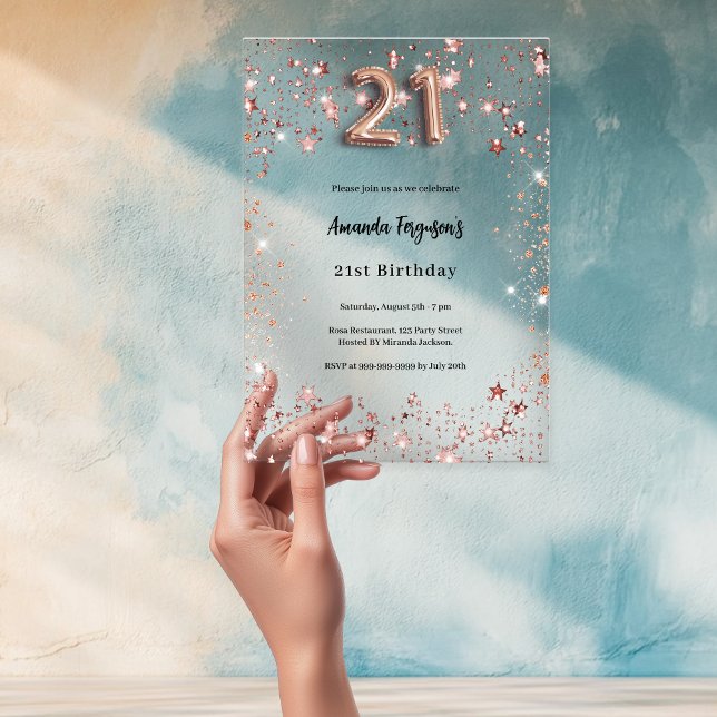 21st birthday rose gold stars clear party acrylic invitations (Creator Uploaded)