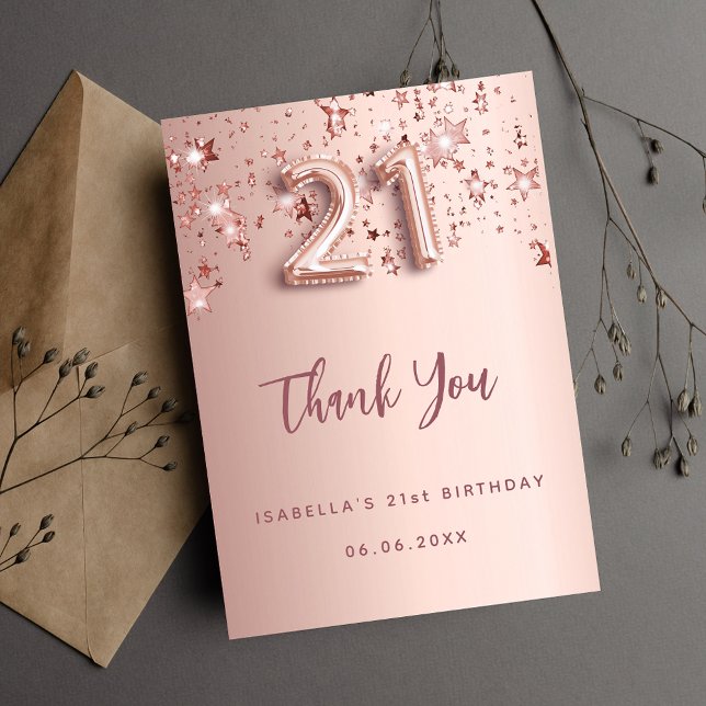 21st birthday rose gold stars thank you card (Creator Uploaded)