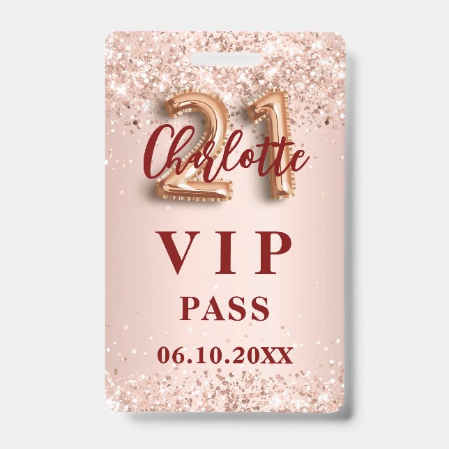 21st birthday rose gold vip party pass ID badge (Front)