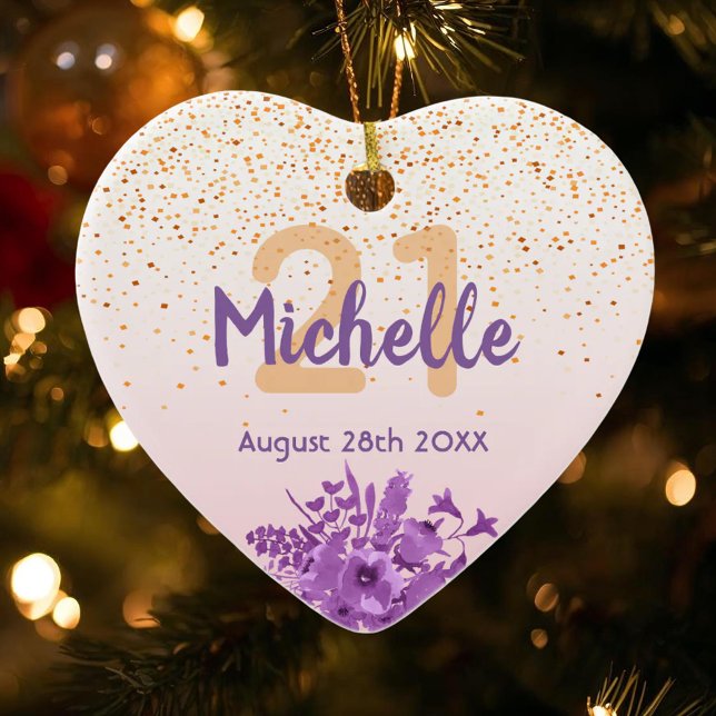 21st birthday rose gold with confetti and flowers ceramic ornament (Creator Uploaded)