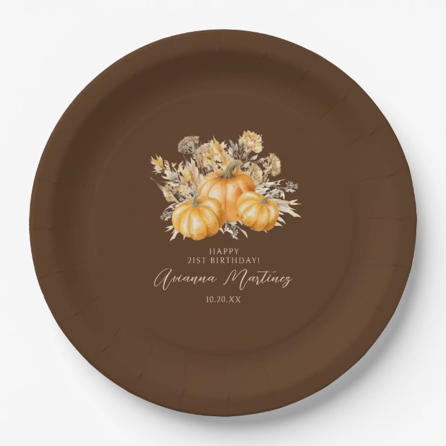 21st Birthday Rustic Boho Pumpkin Fall Custom Paper Plate (Front)