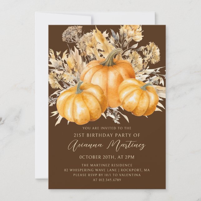 21st Birthday Rustic Boho Pumpkin Fall Foliage Invitation (Front)