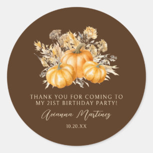 21st Birthday Rustic Pumpkin Fall Thank You Favour Classic Round Sticker
