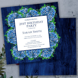 21st Birthday Rustic Wood Blue Hydrangeas Party Invitation