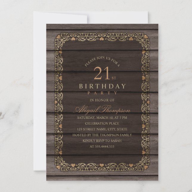 21st Birthday Rustic Wood Fancy Country Party Invitation (Front)