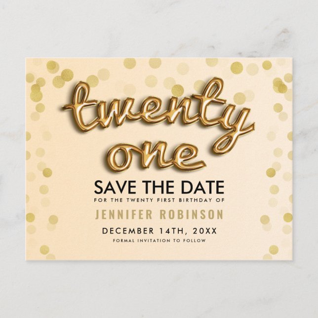 21st Birthday Save The Date Gold Balloons Glitter Announcement Postcard (Front)