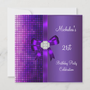 21st Birthday Sequins Purple Diamond Bow Invitation