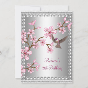 21st Birthday Silver Asian Pink Pearl Flower Bird Invitation