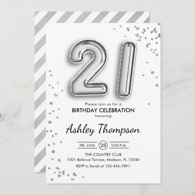 21st Birthday - Silver Balloons Invitation (Front/Back)