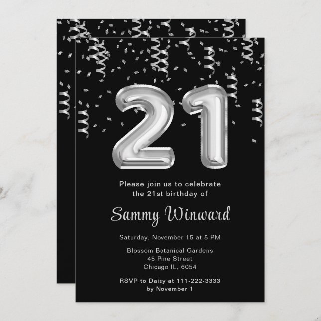 21st Birthday Silver Balloons with Confetti Invitation (Front/Back)