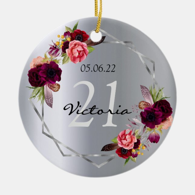 21st birthday silver burgundy flowers name geo ceramic ornament (Front)