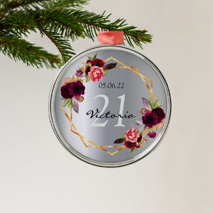 21st birthday silver florals geometric burgundy metal ornament