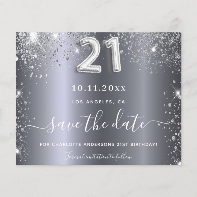 21st birthday silver glitter budget save the date flyer (Front)