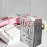 21st birthday silver glitter drips pink monogram medium gift bag<br><div class="desc">Elegant, classic, glamourous and feminine 21st birthday party. A faux silver metallic background. Decorated with blush pink faux glitter drips, paint dripping look. Personalise and add a name. With the text: Happy Birthday. The name is written with a modern hand lettered style script. Number 21 is written with a balloon...</div>