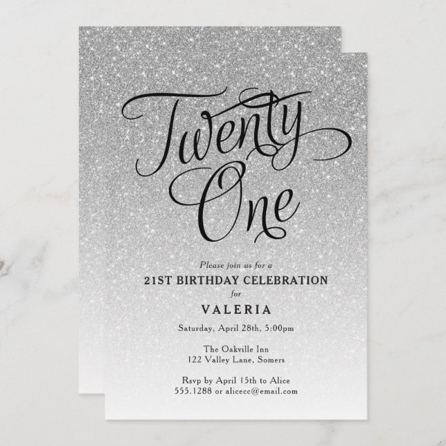 21ST Birthday  Silver Glitter Invitation (Front/Back)