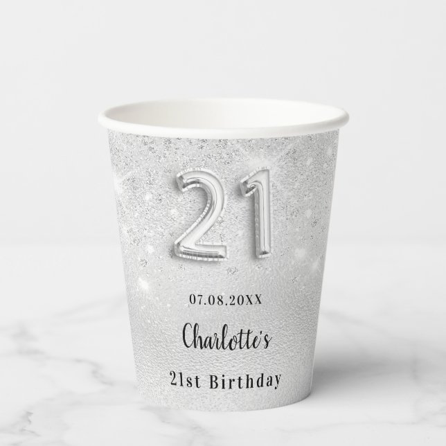 21st birthday silver glitter name glamourous paper cups (Back)
