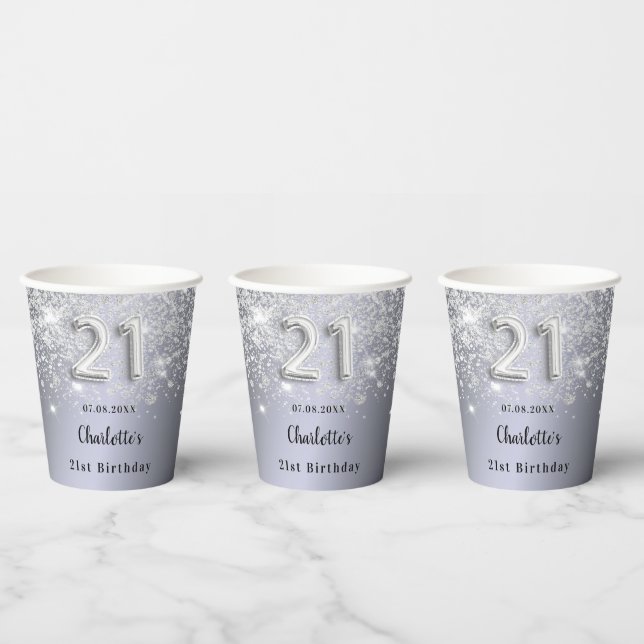 21st birthday silver glitter name paper cups (Multi)