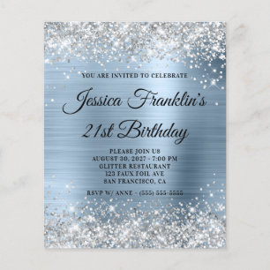 21st Birthday Silver Glitter Pale Blue Invite Flyer