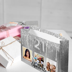 21st birthday silver glitter photo name unique large gift bag