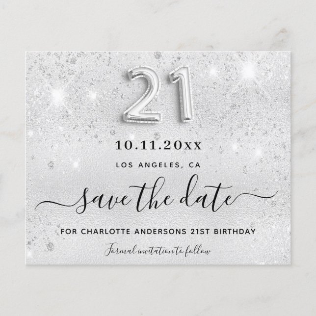 21st birthday silver glitter save the date card (Front)