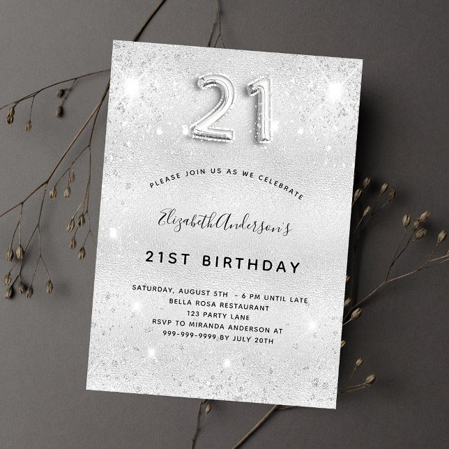 21st birthday silver metal glitter dust glam invitation (Creator Uploaded)