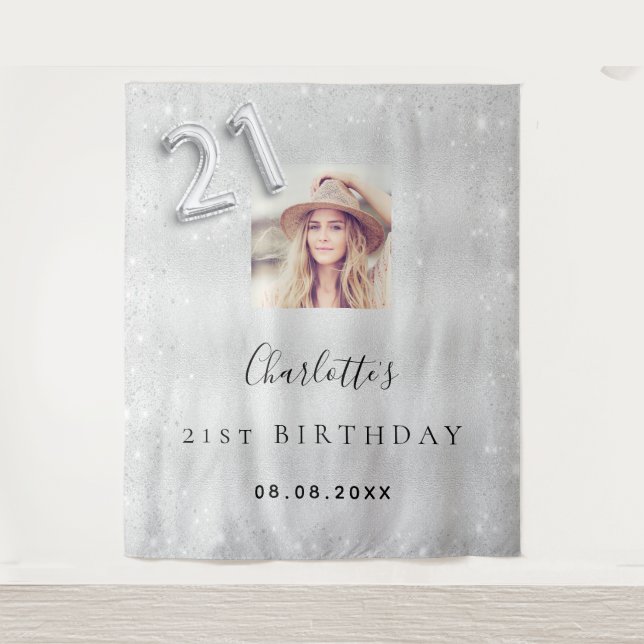 21st birthday silver photo glitter  welcome tapestry (Front)