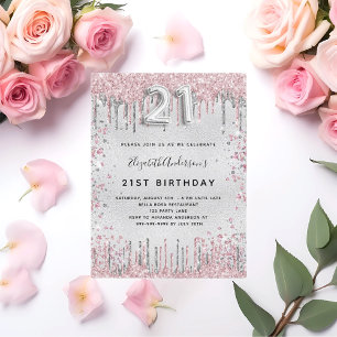 21st birthday silver pink metal glitter dust invitation postcard