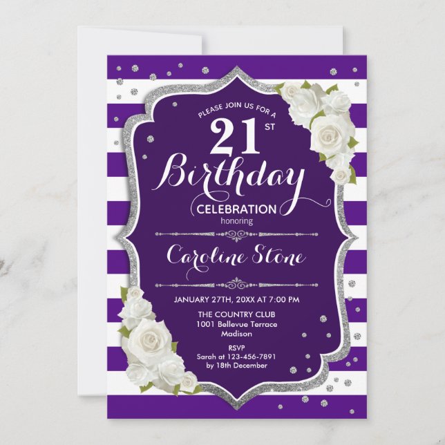 21st Birthday - Silver Purple White Stripes Roses Invitation (Front)