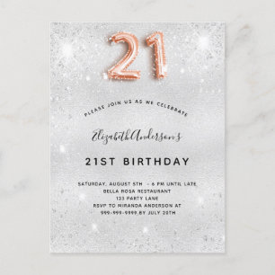21st birthday silver rose gold invitation postcard