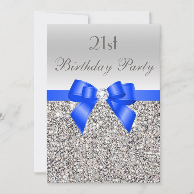 21st Birthday Silver Sequin Royal Blue Bow Diamond Invitation (Front)